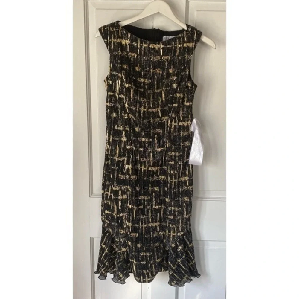 Ieena for Mac Duggal Black and Gold Knee Length Sheath Print Dress Size 6 NWT